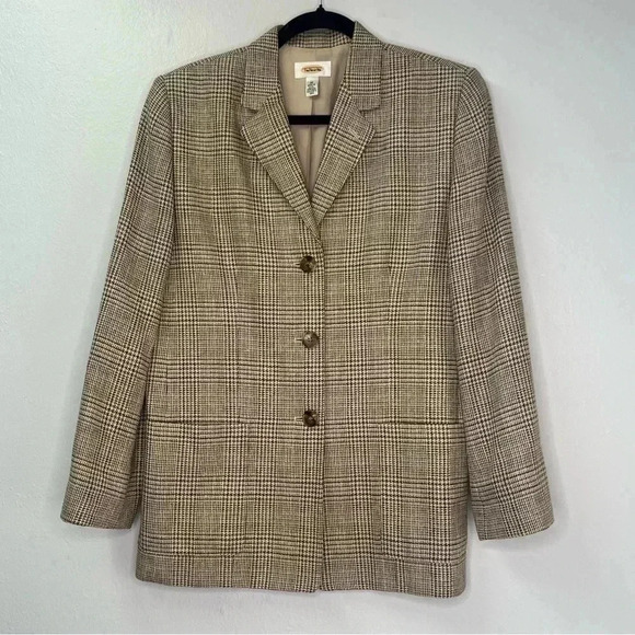Talbots Vintage 90s  Silk Linen Blend houndstooth print plaid Blazer Sz 10 - Picture 1 of 15
